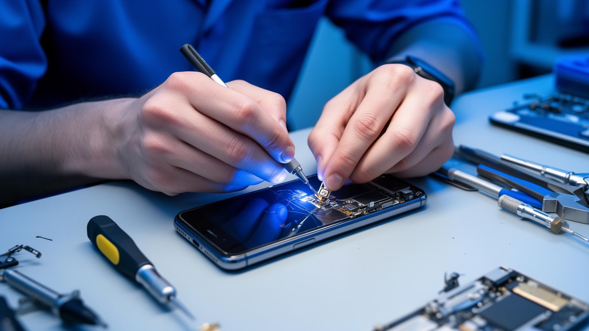 Técnico realizando conserto de celular